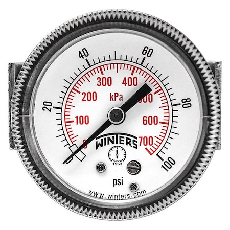 Panel-Mount Pressure Gauge, 0 to 100 psi, 2 in Dial, 1/4 in NPT, Center Back Location MPN:P9U901407UC