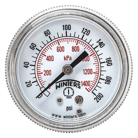 Panel-Mount Pressure Gauge, 0 to 200 psi, 2 in Dial, 1/8 in NPT, Center Back Location MPN:P9U901426UC