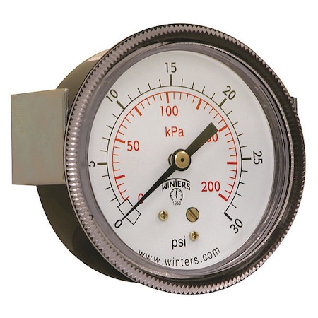 Panel-Mount Pressure Gauge, 0 to 30 psi, 2 1/2 in Dial, 1/4 in NPT, Center Back Location MPN:P9U901437UC