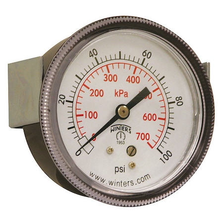 Panel-Mount Pressure Gauge, 0 to 100 psi, 2 1/2 in Dial, 1/4 in NPT, Center Back Location MPN:P9U901439UC