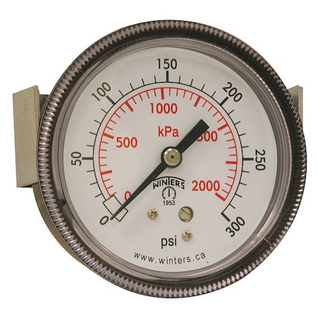 Panel-Mount Pressure Gauge, 0 to 300 psi, 2 1/2 in Dial, 1/4 in NPT, Center Back Location MPN:P9U901442UC