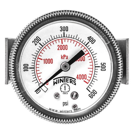 Panel-Mount Pressure Gauge, 0 to 600 psi, 2 in Dial, 1/8 in NPT, Center Back Location MPN:P9U901446UC