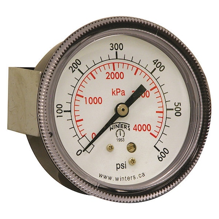 Panel-Mount Pressure Gauge, 0 to 600 psi, 2 1/2 in Dial, 1/4 in NPT, Center Back Location MPN:P9U901454UC