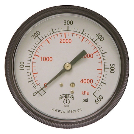 Panel-Mount Pressure Gauge, 0 to 600 psi, 3 1/2 in Dial, 1/4 in NPT, Center Back Location MPN:P9U901463UC