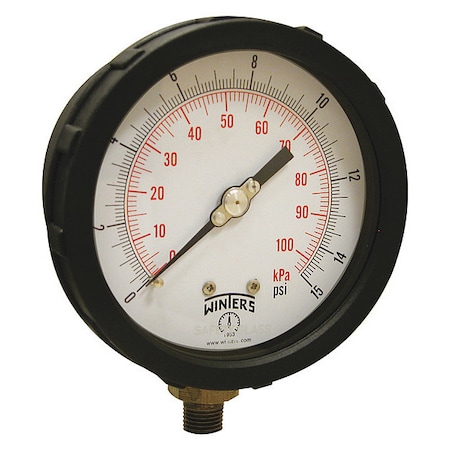 Industrial Pressure Gauge, 0 to 15 psi, 4 in Dial, 1/4 in NPT, Bottom Location, PBT Case Material MPN:PCC601C
