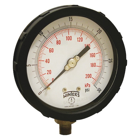 Industrial Pressure Gauge, 0 to 30 psi, 4 in Dial, 1/4 in NPT, Bottom Location, PBT Case Material MPN:PCC602C-4Y