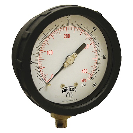 Industrial Pressure Gauge, 0 to 60 psi, 4 in Dial, 1/4 in NPT, Bottom Location, PBT Case Material MPN:PCC603C