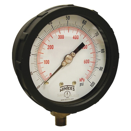 Industrial Pressure Gauge, 0 to 100 psi, 4 in Dial, 1/4 in NPT, Bottom Location, PBT Case Material MPN:PCC604C