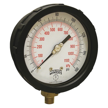 Industrial Pressure Gauge, 0 to 160 psi, 4 in Dial, 1/4 in NPT, Bottom Location, PBT Case Material MPN:PCC605C