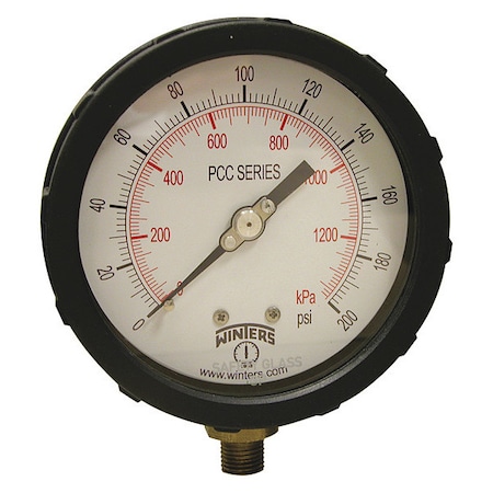 Industrial Pressure Gauge, 0 to 200 psi, 4 in Dial, 1/4 in NPT, Bottom Location, PBT Case Material MPN:PCC606C-4Y