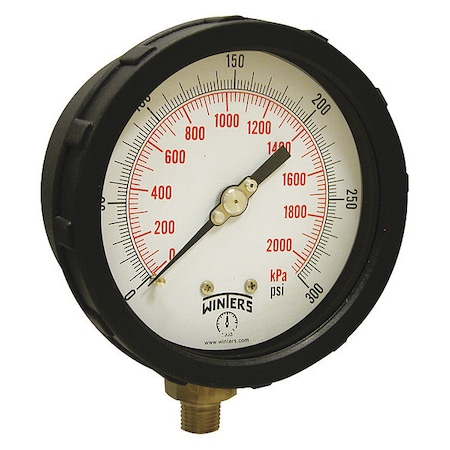 Industrial Pressure Gauge, 0 to 300 psi, 4 in Dial, 1/4 in NPT, Bottom Location, PBT Case Material MPN:PCC607C