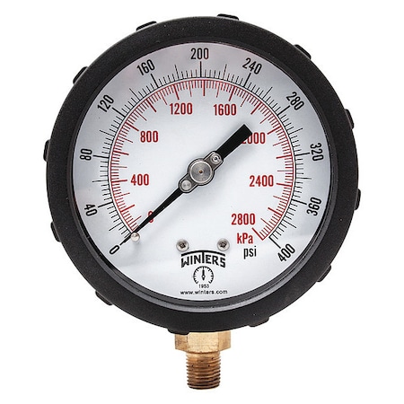 Industrial Pressure Gauge, 0 to 400 psi, 4 in Dial, 1/4 in NPT, Bottom Location, PBT Case Material MPN:PCC610C-4Y