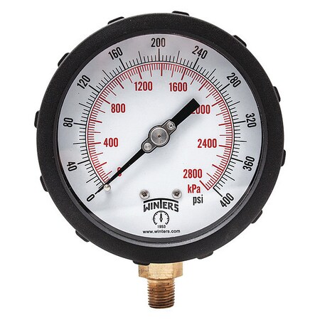 Industrial Pressure Gauge, 0 to 400 psi, 4 in Dial, 1/4 in NPT, Bottom Location, PBT Case Material MPN:PCC610C