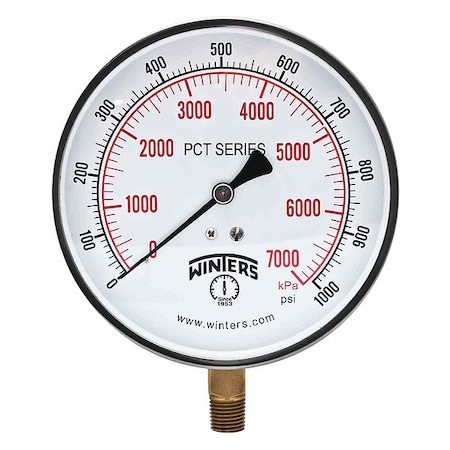 Industrial Pressure Gauge, 0 to 1, 000 psi, 4 1/2 in Dial, 1/4 in NPT, Bottom Location MPN:PCT293
