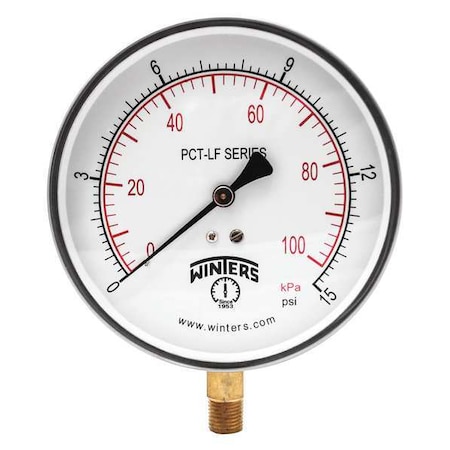 Lead-Free Pressure Gauge, 0 to 15 psi, 4 1/2 in Dial, 1/4 in NPT, Bottom Location MPN:PCT319LF
