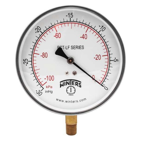 Vacuum Gauge, -30 to 0 psi, 4 1/2 in Dial, 1/4 in NPT Bottom Location MPN:PCT320LF