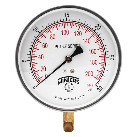 Pressure Gauge, 0 to 30 psi, 4 1/2 in Dial, 1/4 in NPT Bottom Location MPN:PCT321LF