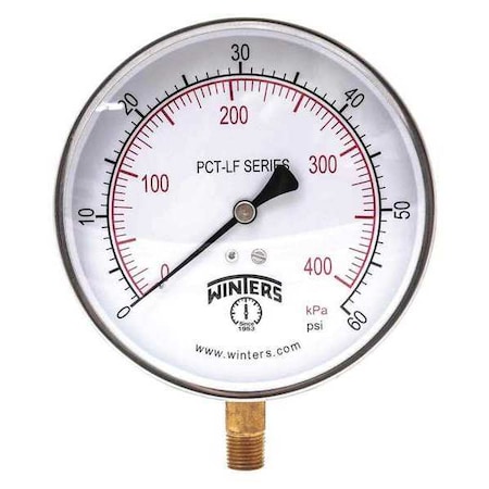 Pressure Gauge, 0 to 60 psi, 4 1/2 in Dial, 1/4 in NPT Bottom Location MPN:PCT322LF