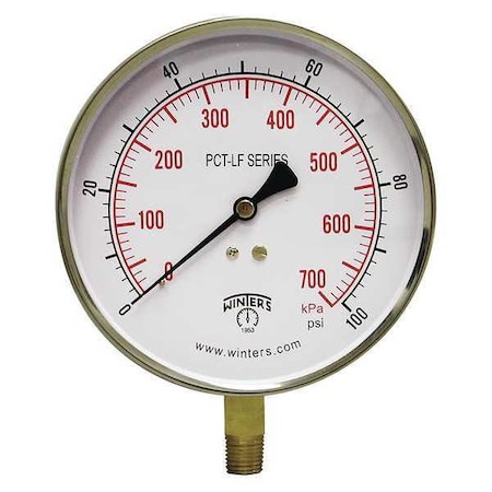 Pressure Gauge, 0 to 100 psi, 4 1/2 in Dial, 1/4 in NPT Bottom Location MPN:PCT323LF