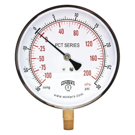 Industrial Compound Gauge, 30 to 0 to 30 psi, 4 1/2 in Dial, 1/4 in NPT, Bottom Location MPN:PCT329