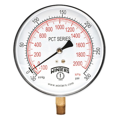 Industrial Compound Gauge, 30 to 0 to 300 psi, 4 1/2 in Dial, 1/4 in NPT, Bottom Location MPN:PCT334