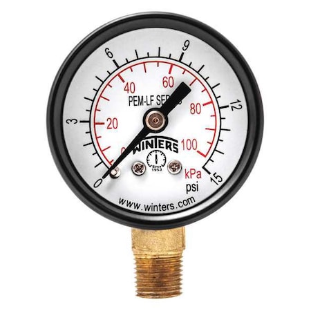 Lead-Free Pressure Gauge, 0 to 15 psi, 1 1/2 in Dial, 1/8 in NPT, Bottom Location MPN:PEM1299LF