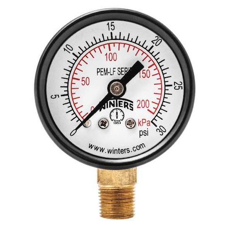 Lead-Free Pressure Gauge, 0 to 30 psi, 1 1/2 in Dial, 1/8 in NPT, Bottom Location MPN:PEM1300LF