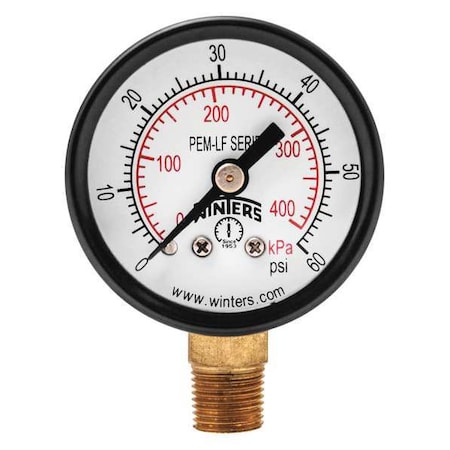 Lead-Free Pressure Gauge, 0 to 60 psi, 1 1/2 in Dial, 1/8 in NPT, Bottom Location MPN:PEM1301LF