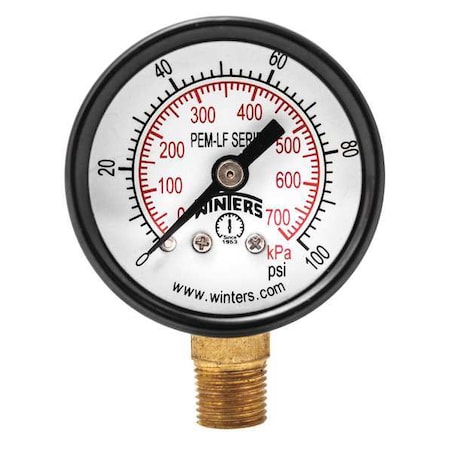 Lead-Free Pressure Gauge, 0 to 100 psi, 1 1/2 in Dial, 1/8 in NPT, Bottom Location MPN:PEM1320LF