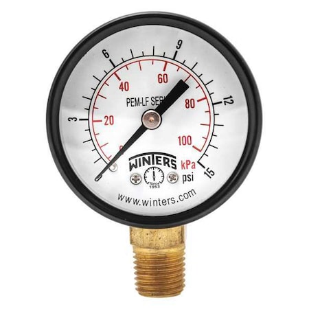 Lead-Free Pressure Gauge, 0 to 15 psi, 2 in Dial, 1/4 in NPT, Bottom Location, Steel Case Material MPN:PEM136LF