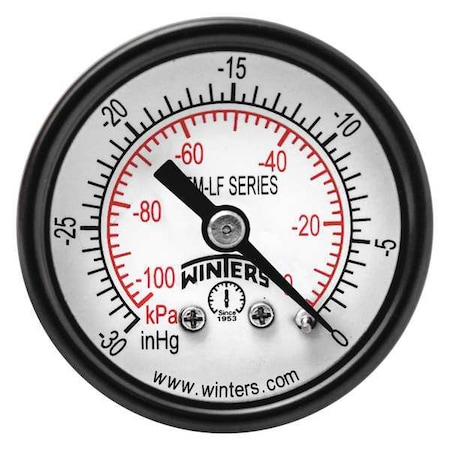 Vacuum Gauge, -30 to 0 psi, 1 1/2 in Dial, 1/8 in NPT Center Back Location, Steel Case Material MPN:PEM1397LF
