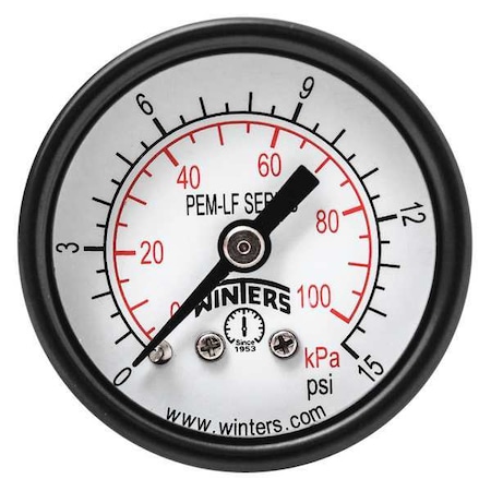 Pressure Gauge, 0 to 15 psi, 1 1/2 in Dial, 1/8 in NPT Center Back Location, Steel Case Material MPN:PEM1399LF