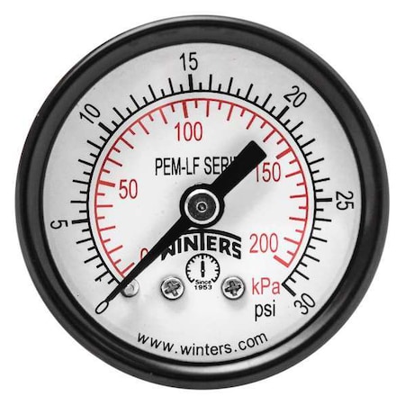 Pressure Gauge, 0 to 30 psi, 1 1/2 in Dial, 1/8 in NPT Center Back Location, Steel Case Material MPN:PEM1400LF