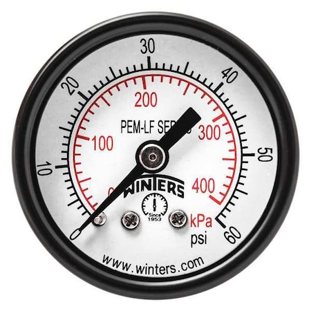 Pressure Gauge, 0 to 60 psi, 1 1/2 in Dial, 1/8 in NPT Center Back Location, Steel Case Material MPN:PEM1401LF
