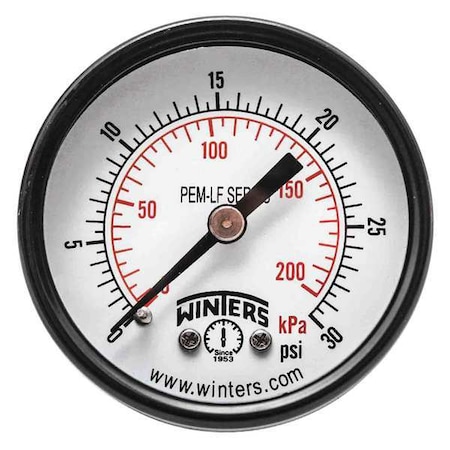 Pressure Gauge, 0 to 30 psi, 2 in Dial, 1/8 in NPT Center Back Location, Steel Case Material MPN:PEM1402LF