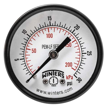 Lead-Free Pressure Gauge, 0 to 30 psi, 2 in Dial, 1/4 in NPT, Center Back Location MPN:PEM1403LF