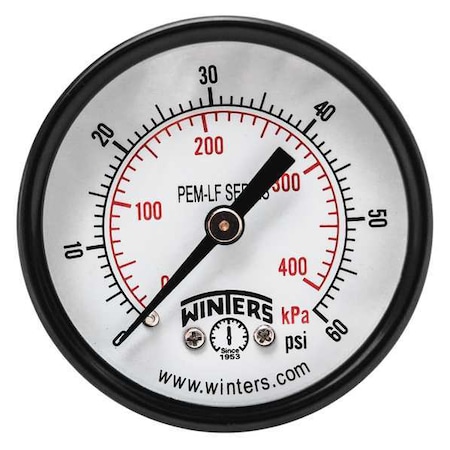 Pressure Gauge, 0 to 60 psi, 2 in Dial, 1/8 in NPT Center Back Location, Steel Case Material MPN:PEM1404LF