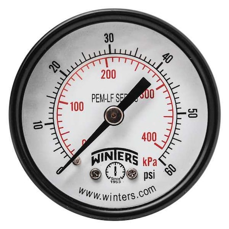 Lead-Free Pressure Gauge, 0 to 60 psi, 2 in Dial, 1/4 in NPT, Center Back Location MPN:PEM1405LF