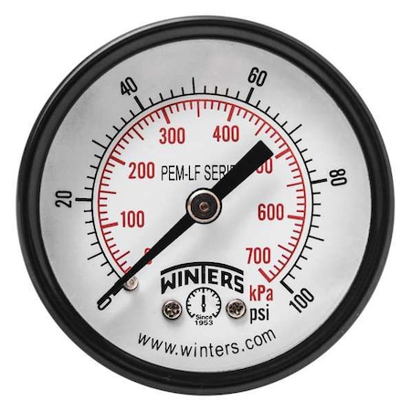 Pressure Gauge, 0 to 100 psi, 2 in Dial, 1/8 in NPT Center Back Location, Steel Case Material MPN:PEM1406LF
