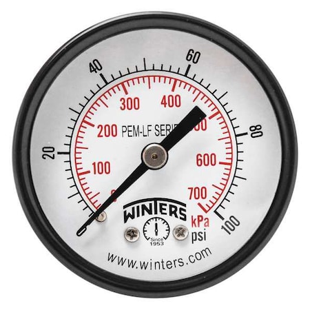 Lead-Free Pressure Gauge, 0 to 100 psi, 2 in Dial, 1/4 in NPT, Center Back Location MPN:PEM1407LF