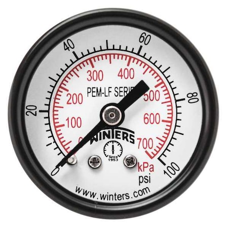 Pressure Gauge, 0 to 100 psi, 1 1/2 in Dial, 1/8 in NPT Center Back Location, Steel Case Material MPN:PEM1420LF