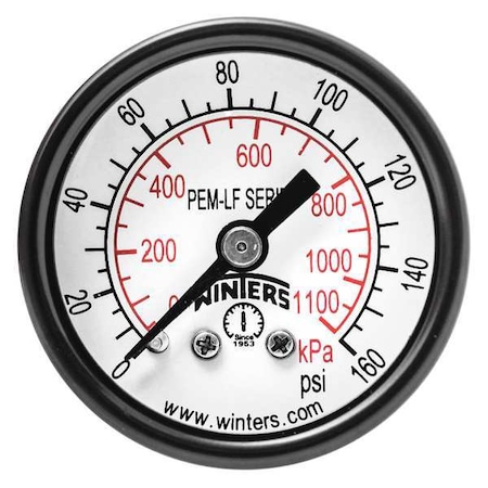 Pressure Gauge, 0 to 160 psi, 1 1/2 in Dial, 1/8 in NPT Center Back Location, Steel Case Material MPN:PEM1421LF