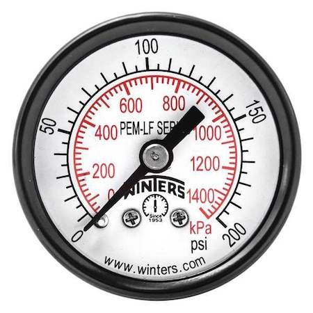 Pressure Gauge, 0 to 200 psi psi, 1 1/2 in Dial, 1/8 in NPT Center Back Location MPN:PEM1422LF
