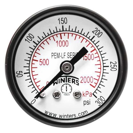 Pressure Gauge, 0 to 300 psi, 1 1/2 in Dial, 1/8 in NPT Center Back Location, Steel Case Material MPN:PEM1423LF