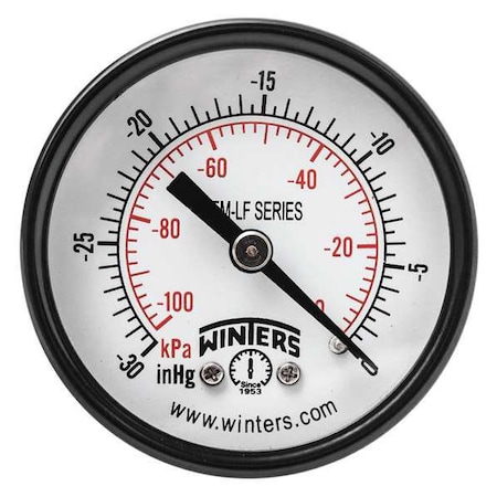 Vacuum Gauge, -30 to 0 psi, 2 in Dial, 1/8 in NPT Center Back Location, Steel Case Material MPN:PEM1424LF