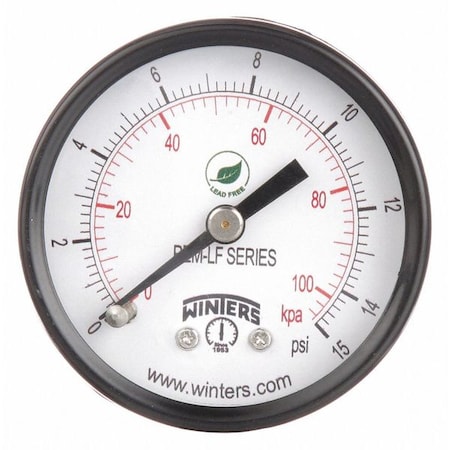 Lead-Free Pressure Gauge, 0 to 15 psi, 2 in Dial, 1/8 in NPT, Center Back Location MPN:PEM1425LF
