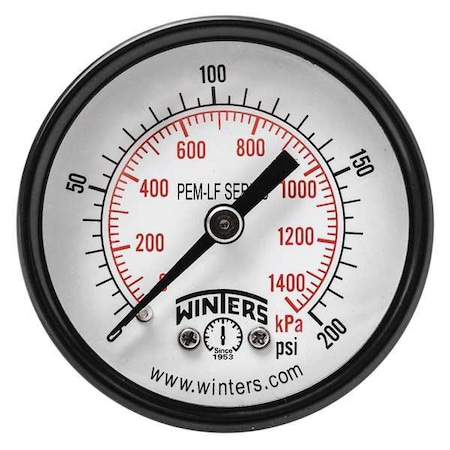 Pressure Gauge, 0 to 200 psi psi, 2 in Dial, 1/8 in NPT Center Back Location, Steel Case Material MPN:PEM1426LF