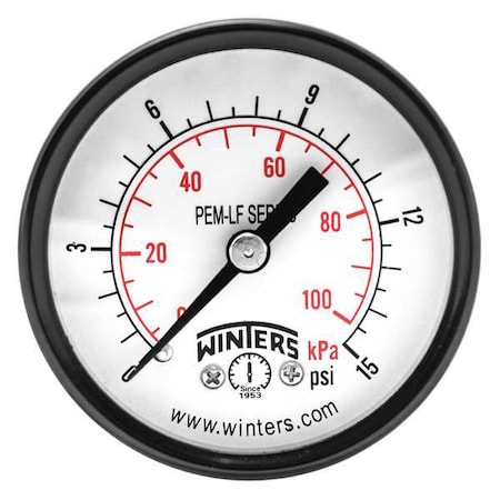 Lead-Free Pressure Gauge, 0 to 15 psi, 2 in Dial, 1/4 in NPT, Center Back Location MPN:PEM1429LF