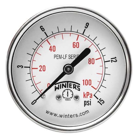 Lead-Free Pressure Gauge, 0 to 15 psi, 2 1/2 in Dial, 1/4 in NPT, Center Back Location MPN:PEM1436LF