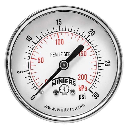 Lead-Free Pressure Gauge, 0 to 30 psi, 2 1/2 in Dial, 1/4 in NPT, Center Back Location MPN:PEM1437LF